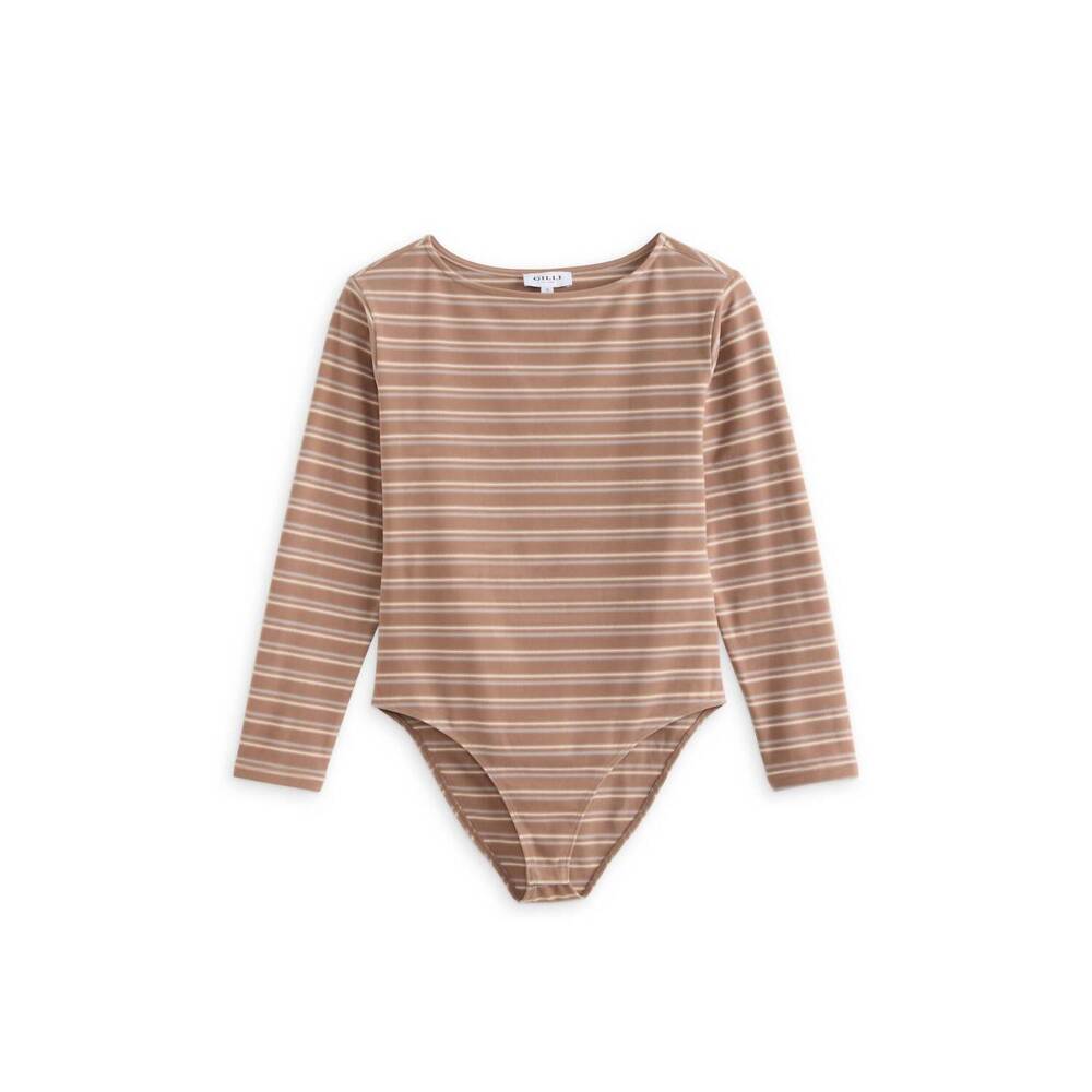 NEW GILLI women's gwynne long sleeve knit bodysuit in mocha-cream stripe